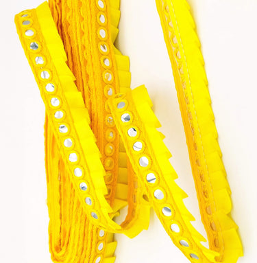 Yellow Satin Pleated Lace Trim, Mirrored Fringe Trimming, Approx. 30mm wide